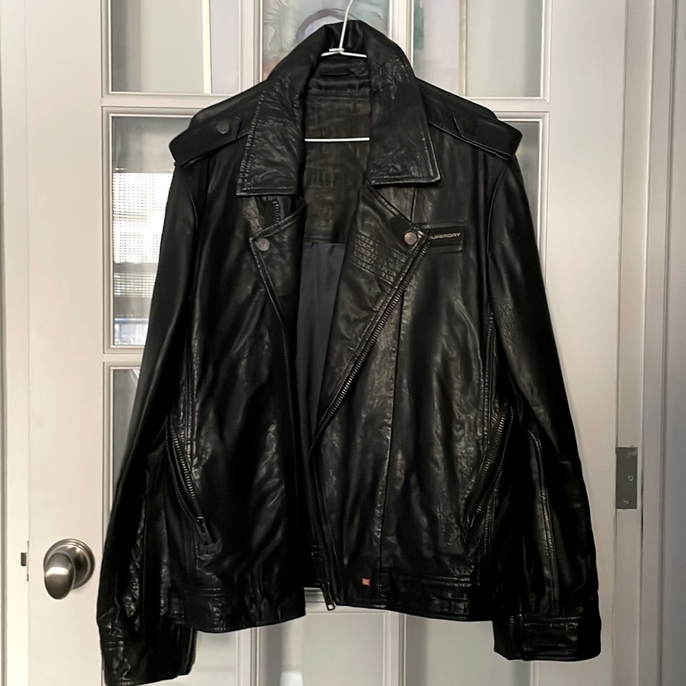 SUPERDRY RYAN BIKER LEATHER MOTO JACKET 2XL worn once 100% leather